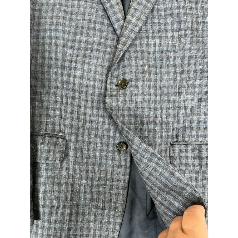 JO S A Bank Mens Wool Silk Linen Plaid Sport Blazer Gray Tailored Fit Size 44R